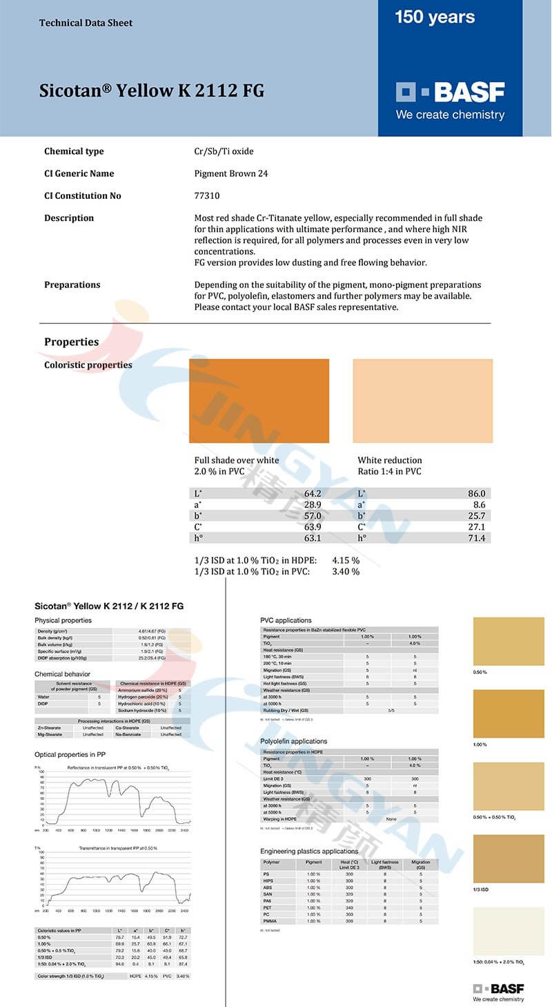 BASF Sicotan Yellow K2112FG(P.Br.24) 巴斯夫颜料K2112FG黄 金红石型铬镍钛无机颜料